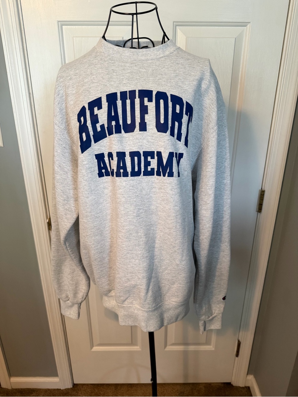 Champion Heather Gray Crewneck with Navy BEAUFORT ACADEMY Logo